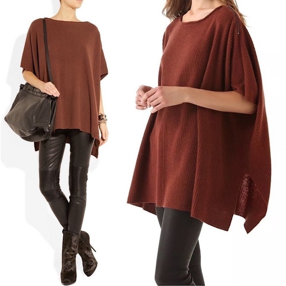 VINCE Rust Cashmere Wool Boatneck Zip Shoulder Rib Knit Loose Sweater Poncho XS - Picture 2 of 10